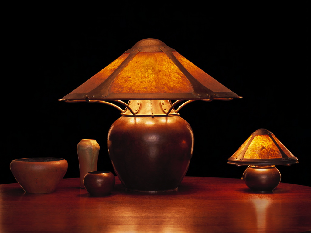 Rare monumental 5-socket Dirk Van Erp / D'Arcy Gaw copper and mica lamp, 1910